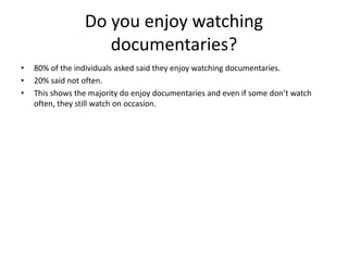 Do you enjoy watching
documentaries?
• 80% of the individuals asked said they enjoy watching documentaries.
• 20% said not often.
• This shows the majority do enjoy documentaries and even if some don’t watch
often, they still watch on occasion.
 