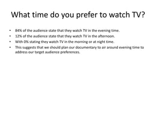 What time do you prefer to watch TV?
• 84% of the audience state that they watch TV in the evening time.
• 12% of the audience state that they watch TV in the afternoon.
• With 0% stating they watch TV in the morning or at night time.
• This suggests that we should plan our documentary to air around evening time to
address our target audience preferences.
 