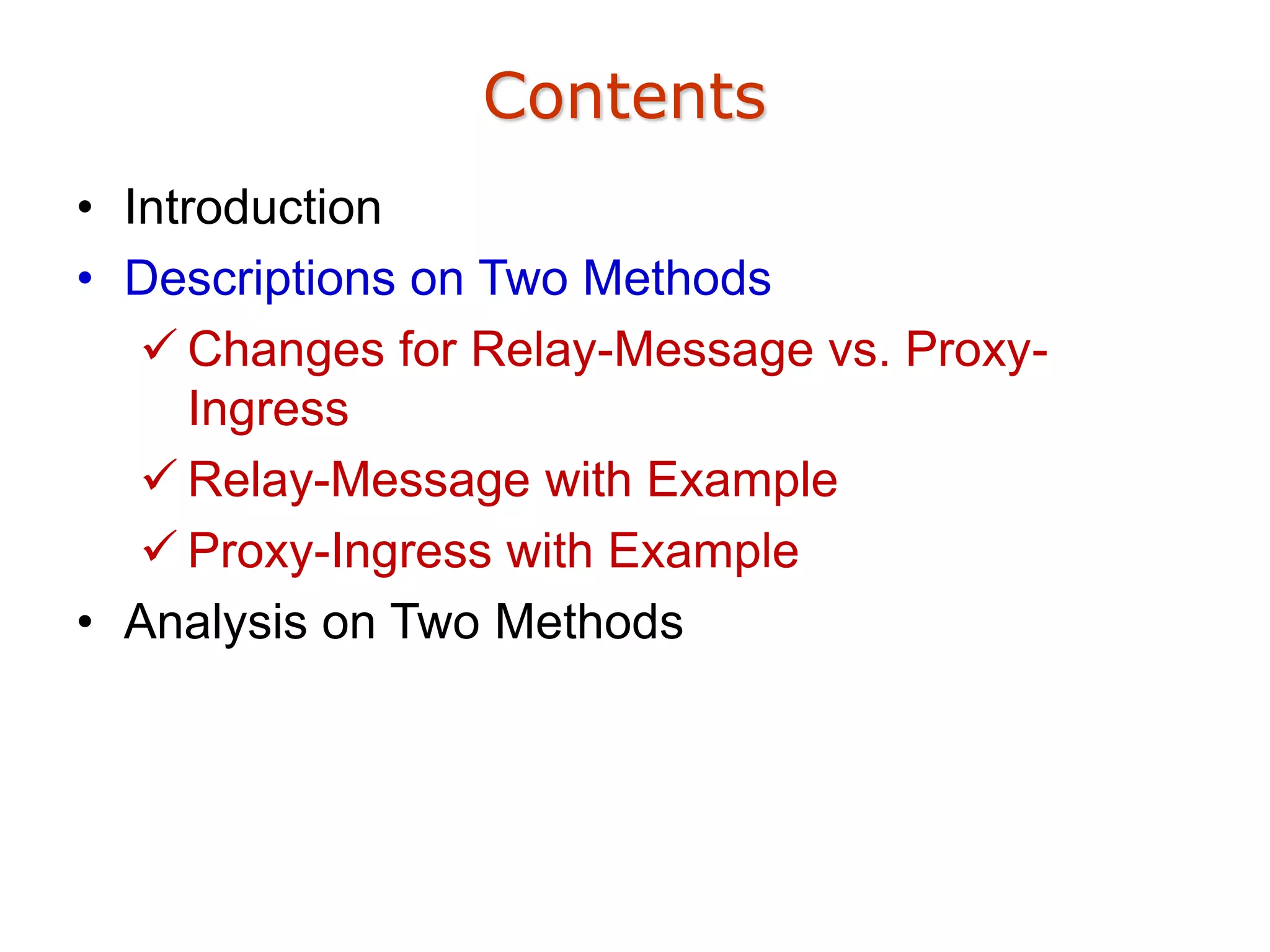 Contents
• Introduction
• Descriptions on Two Methods
 Changes for Relay-Message vs. Proxy-
Ingress
 Relay-Message with Example
 Proxy-Ingress with Example
• Analysis on Two Methods
 