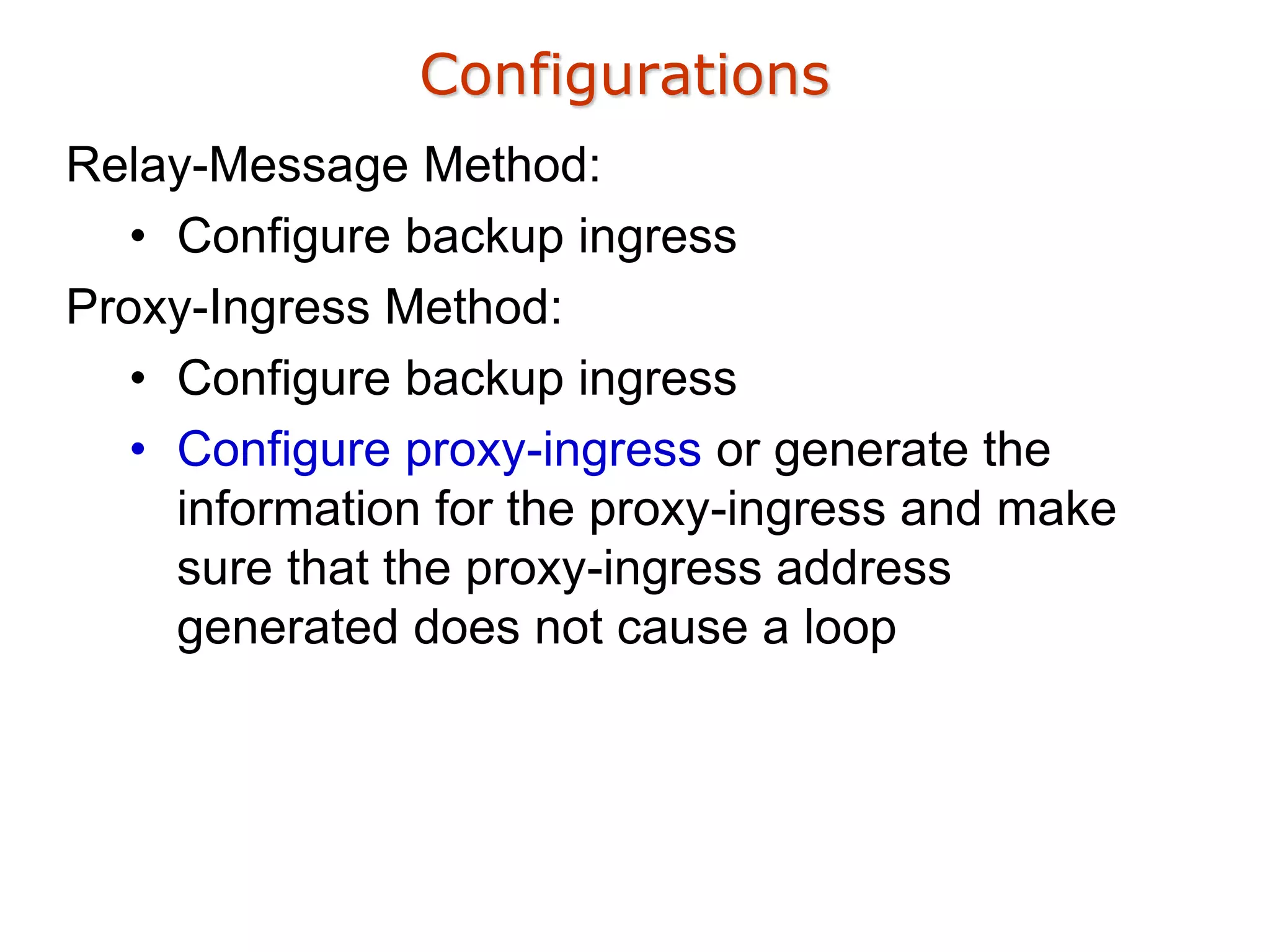 Configurations
Relay-Message Method:
• Configure backup ingress
Proxy-Ingress Method:
• Configure backup ingress
• Configure proxy-ingress or generate the
information for the proxy-ingress and make
sure that the proxy-ingress address
generated does not cause a loop
 