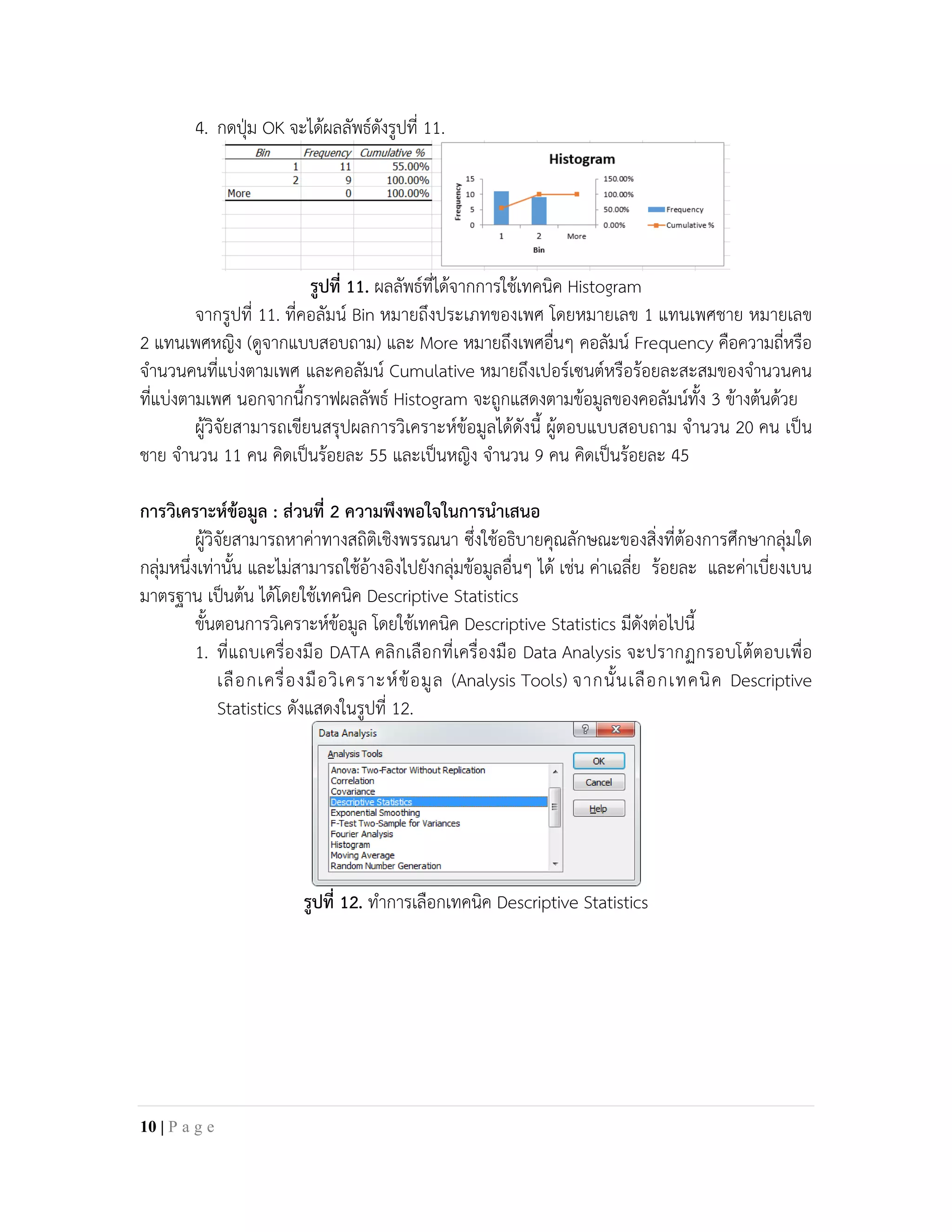 4. กดปุม OK จะไดผลลัพธดังรูปที่ 11.
รูปที่ 11. ผลลัพธที่ไดจากการใชเทคนิค Histogram
จากรูปที่ 11. ที่คอลัมน Bin หมายถึงประเภทของเพศ โดยหมายเลข 1 แทนเพศชาย หมายเลข
2 แทนเพศหญิง (ดูจากแบบสอบถาม) และ More หมายถึงเพศอื่นๆ คอลัมน Frequency คือความถี่หรือ
จํานวนคนที่แบงตามเพศ และคอลัมน Cumulative หมายถึงเปอรเซนตหรือรอยละสะสมของจํานวนคน
ที่แบงตามเพศ นอกจากนี้กราฟผลลัพธ Histogram จะถูกแสดงตามขอมูลของคอลัมนทั้ง 3 ขางตนดวย
ผูวิจัยสามารถเขียนสรุปผลการวิเคราะหขอมูลไดดังนี้ ผูตอบแบบสอบถาม จํานวน 20 คน เปน
ชาย จํานวน 11 คน คิดเปนรอยละ 55 และเปนหญิง จํานวน 9 คน คิดเปนรอยละ 45
การวิเคราะหขอมูล : สวนที่ 2 ความพึงพอใจในการนําเสนอ
ผูวิจัยสามารถหาคาทางสถิติเชิงพรรณนา ซึ่งใชอธิบายคุณลักษณะของสิ่งที่ตองการศึกษากลุมใด
กลุมหนึ่งเทานั้น และไมสามารถใชอางอิงไปยังกลุมขอมูลอื่นๆ ได เชน คาเฉลี่ย รอยละ และคาเบี่ยงเบน
มาตรฐาน เปนตน ไดโดยใชเทคนิค Descriptive Statistics
ขั้นตอนการวิเคราะหขอมูล โดยใชเทคนิค Descriptive Statistics มีดังตอไปนี้
1. ที่แถบเครื่องมือ DATA คลิกเลือกที่เครื่องมือ Data Analysis จะปรากฏกรอบโตตอบเพื่อ
เลือกเครื่องมือวิเคราะหขอมูล (Analysis Tools) จากนั้นเลือกเทคนิค Descriptive
Statistics ดังแสดงในรูปที่ 12.
รูปที่ 12. ทําการเลือกเทคนิค Descriptive Statistics
10 | P a g e
 