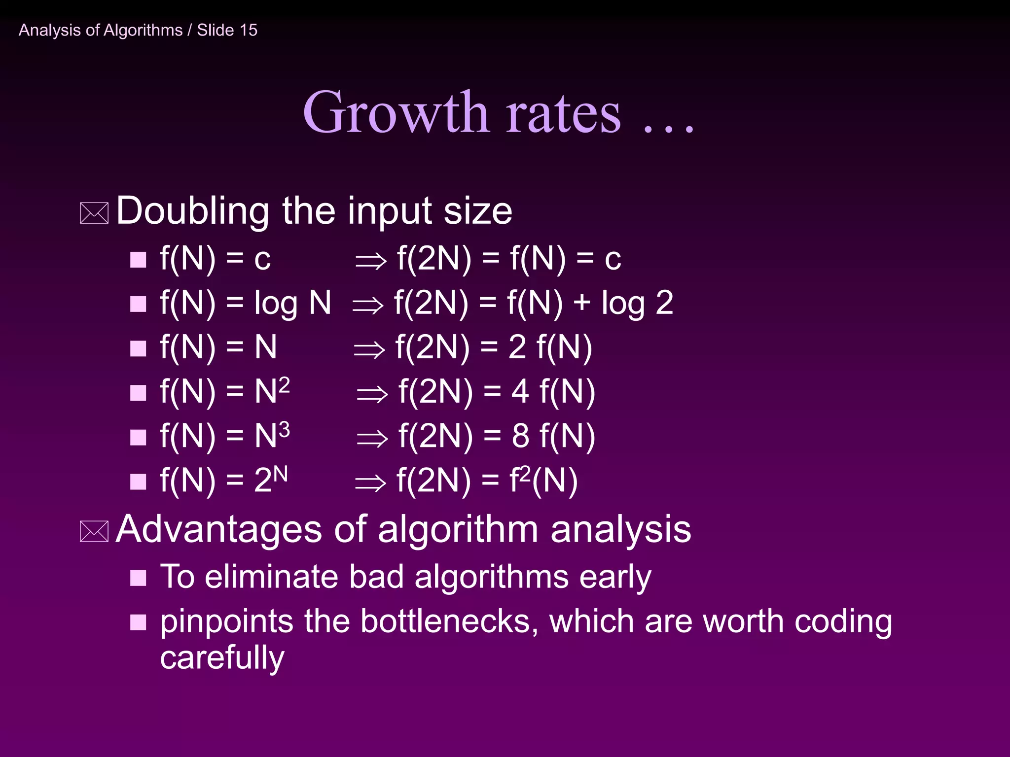 Analysis of Algorithms / Slide 15
Growth rates …
 Doubling the input size
 f(N) = c  f(2N) = f(N) = c
 f(N) = log N  f(2N) = f(N) + log 2
 f(N) = N  f(2N) = 2 f(N)
 f(N) = N2  f(2N) = 4 f(N)
 f(N) = N3  f(2N) = 8 f(N)
 f(N) = 2N  f(2N) = f2(N)
 Advantages of algorithm analysis
 To eliminate bad algorithms early
 pinpoints the bottlenecks, which are worth coding
carefully
 