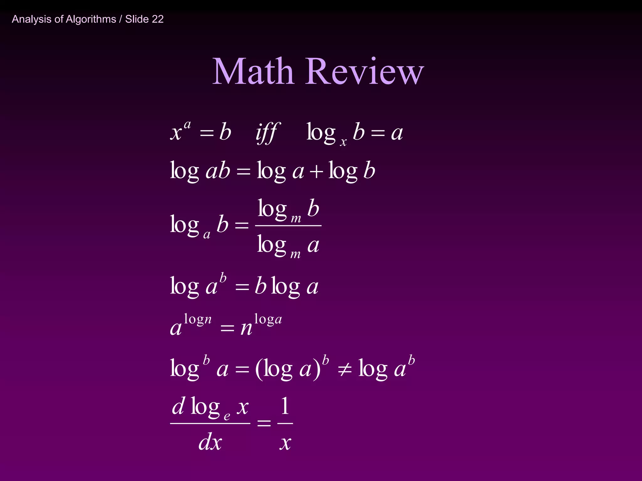 Analysis of Algorithms / Slide 22
Math Review
x
dx
x
d
a
a
a
n
a
a
b
a
a
b
b
b
a
ab
a
b
iff
b
x
e
b
b
b
a
n
b
m
m
a
x
a
1
log
log
)
(log
log
log
log
log
log
log
log
log
log
log
log
log










 