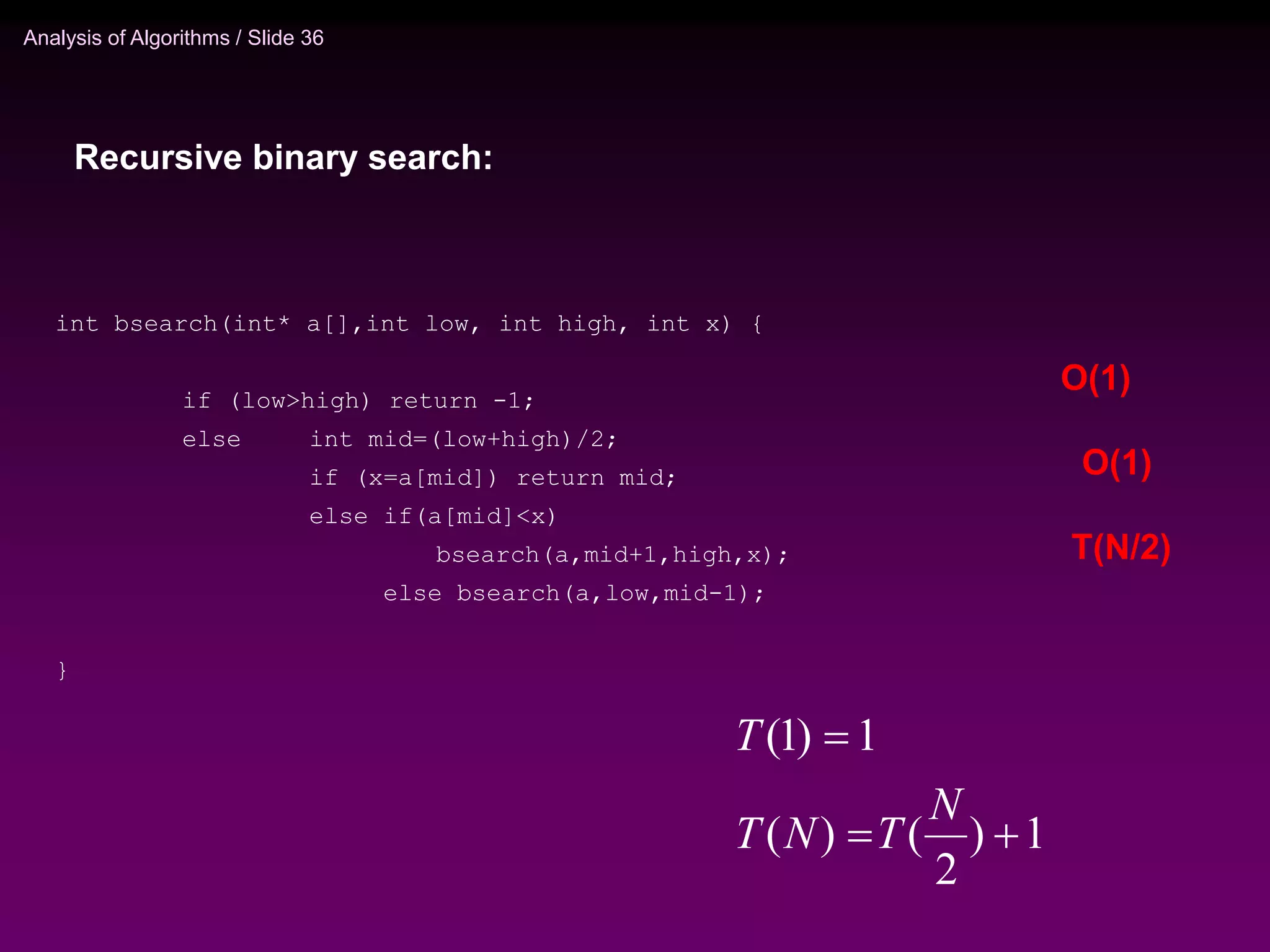 Analysis of Algorithms / Slide 36
O(1)
T(N/2)
int bsearch(int* a[],int low, int high, int x) {
if (low>high) return -1;
else int mid=(low+high)/2;
if (x=a[mid]) return mid;
else if(a[mid]<x)
bsearch(a,mid+1,high,x);
else bsearch(a,low,mid-1);
}
O(1)
Recursive binary search:
1
)
2
(
)
(
1
)
1
(



N
T
N
T
T
 
