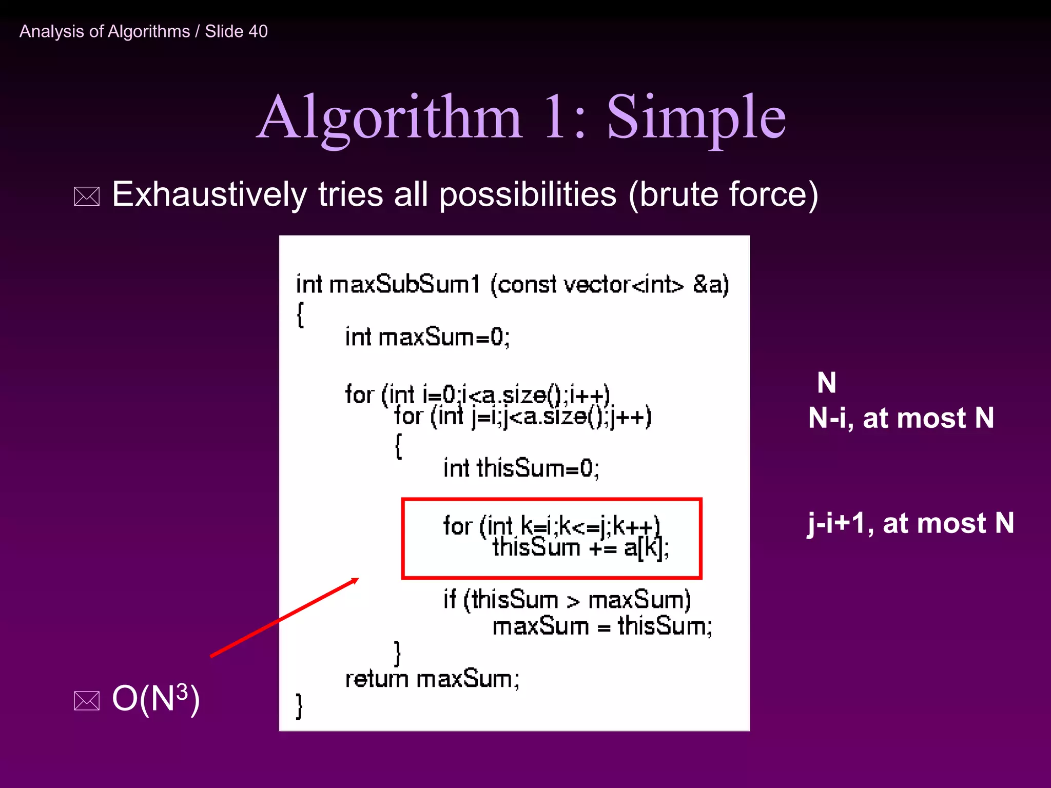 Analysis of Algorithms / Slide 40
Algorithm 1: Simple
 Exhaustively tries all possibilities (brute force)
 O(N3)
N
N-i, at most N
j-i+1, at most N
 