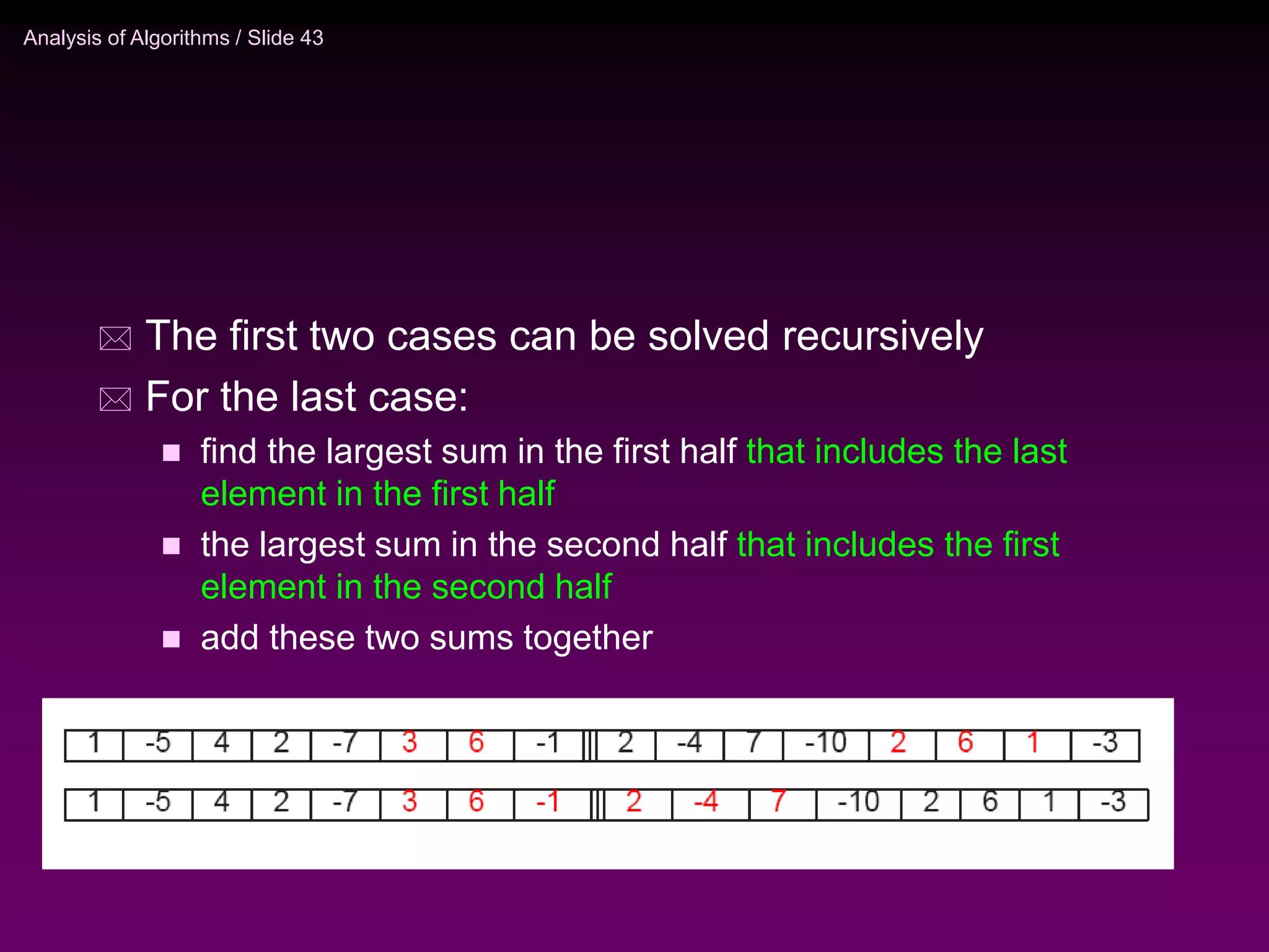 Analysis of Algorithms / Slide 43
 The first two cases can be solved recursively
 For the last case:
 find the largest sum in the first half that includes the last
element in the first half
 the largest sum in the second half that includes the first
element in the second half
 add these two sums together
 