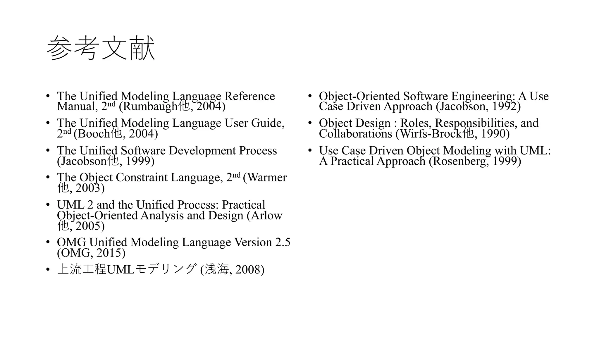 参考⽂献
• The Unified Modeling Language Reference
Manual, 2nd (Rumbaugh他, 2004)
• The Unified Modeling Language User Guide,
2nd (Booch他, 2004)
• The Unified Software Development Process
(Jacobson他, 1999)
• The Object Constraint Language, 2nd (Warmer
他, 2003)
• UML 2 and the Unified Process: Practical
Object-Oriented Analysis and Design (Arlow
他, 2005)
• OMG Unified Modeling Language Version 2.5
(OMG, 2015)
• 上流⼯程UMLモデリング (浅海, 2008)
• Object-Oriented Software Engineering: A Use
Case Driven Approach (Jacobson, 1992)
• Object Design : Roles, Responsibilities, and
Collaborations (Wirfs-Brock他, 1990)
• Use Case Driven Object Modeling with UML:
A Practical Approach (Rosenberg, 1999)
 