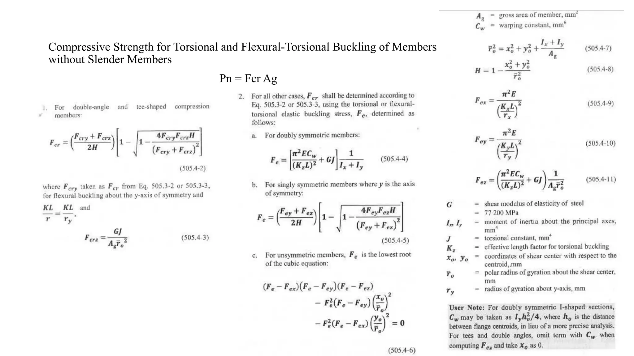 Compressive Strength for Torsional and Flexural-Torsional Buckling of Members
without Slender Members
Pn = Fcr Ag
 