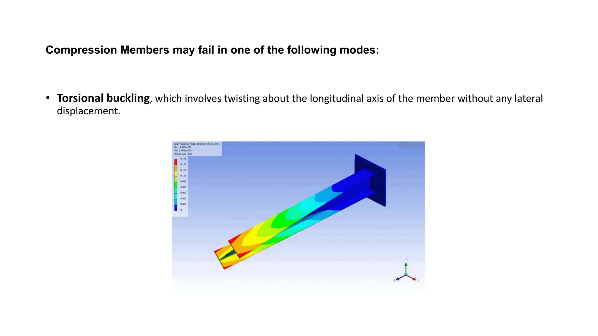 Compression Members may fail in one of the following modes:
• Torsional buckling, which involves twisting about the longitudinal axis of the member without any lateral
displacement.
 
