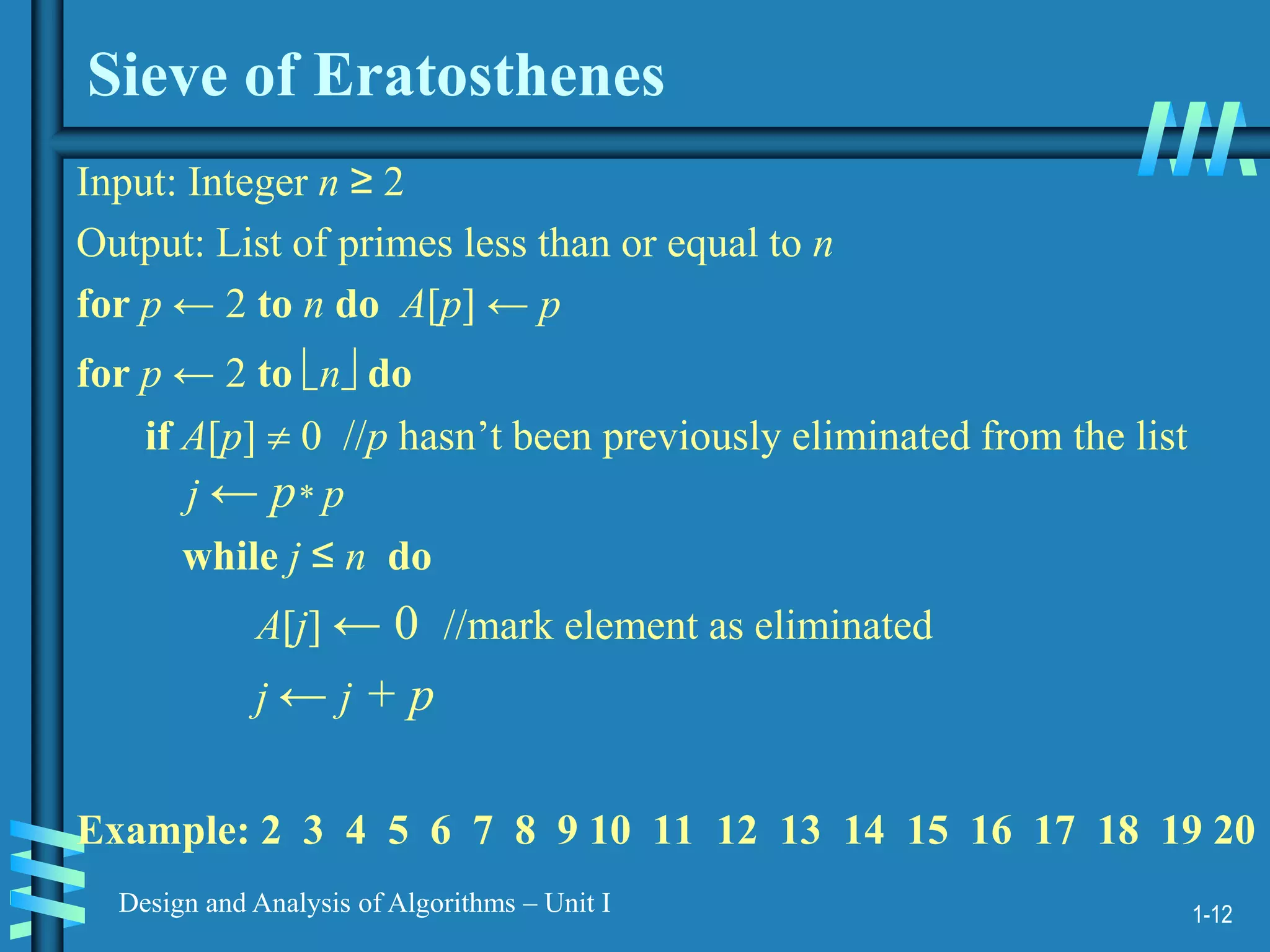 1-12
Design and Analysis of Algorithms – Unit I
Sieve of Eratosthenes
Input: Integer n ≥ 2
Output: List of primes less than or equal to n
for p ← 2 to n do A[p] ← p
for p ← 2 to n do
if A[p]  0 //p hasn’t been previously eliminated from the list
j ← p* p
while j ≤ n do
A[j] ← 0 //mark element as eliminated
j ← j + p
Example: 2 3 4 5 6 7 8 9 10 11 12 13 14 15 16 17 18 19 20
 