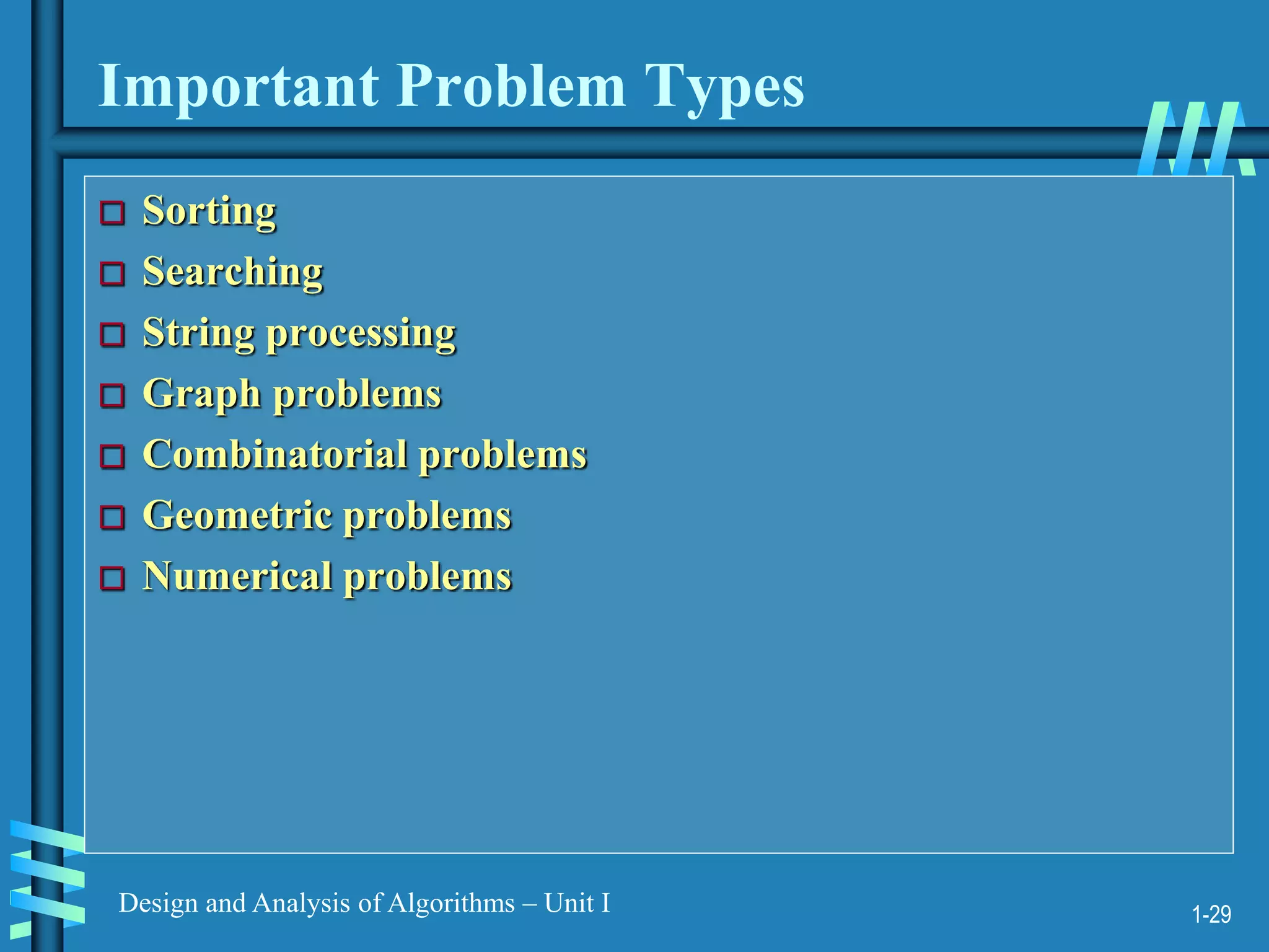 1-29
Design and Analysis of Algorithms – Unit I
Important Problem Types
 Sorting
 Searching
 String processing
 Graph problems
 Combinatorial problems
 Geometric problems
 Numerical problems
 