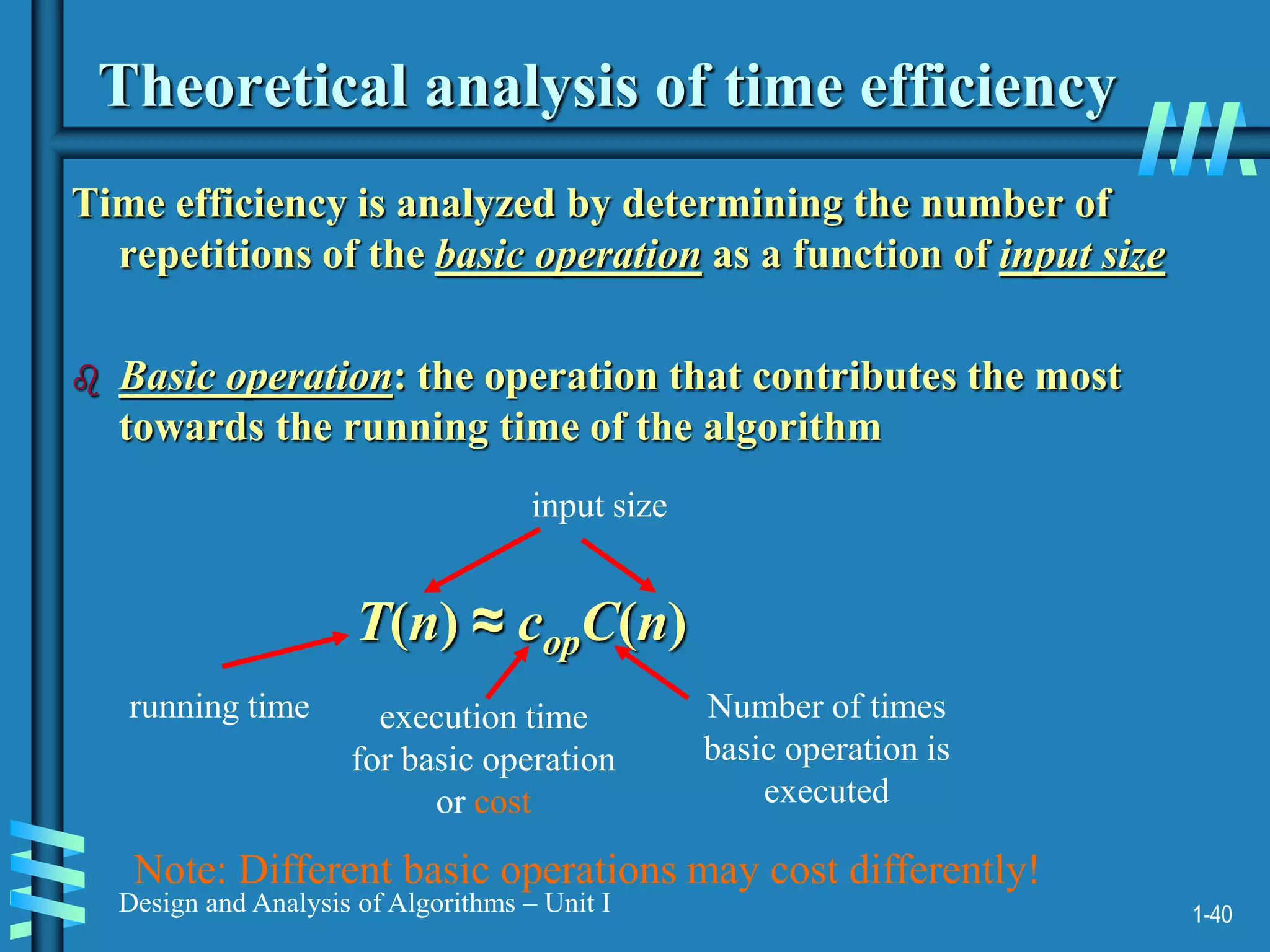 1-40
Design and Analysis of Algorithms – Unit I
Theoretical analysis of time efficiency
Time efficiency is analyzed by determining the number of
repetitions of the basic operation as a function of input size
 Basic operation: the operation that contributes the most
towards the running time of the algorithm
T(n) ≈ copC(n)
running time execution time
for basic operation
or cost
Number of times
basic operation is
executed
input size
Note: Different basic operations may cost differently!
 