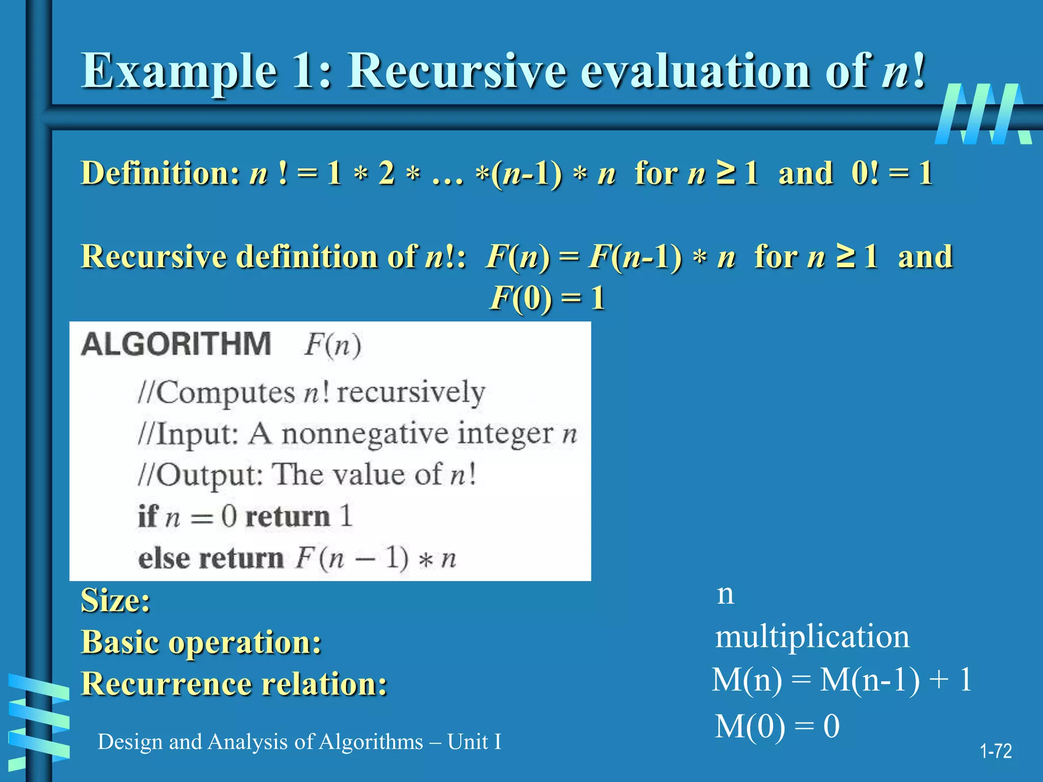 1-72
Design and Analysis of Algorithms – Unit I
Example 1: Recursive evaluation of n!
Definition: n ! = 1  2  … (n-1)  n for n ≥ 1 and 0! = 1
Recursive definition of n!: F(n) = F(n-1)  n for n ≥ 1 and
F(0) = 1
Size:
Basic operation:
Recurrence relation:
n
multiplication
M(n) = M(n-1) + 1
M(0) = 0
 