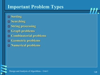1-29
Design and Analysis of Algorithms – Unit I
Important Problem Types
 Sorting
 Searching
 String processing
 Graph problems
 Combinatorial problems
 Geometric problems
 Numerical problems
 
