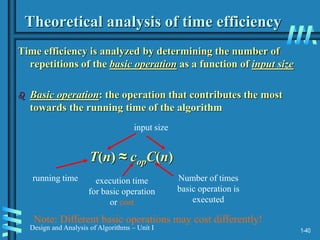 1-40
Design and Analysis of Algorithms – Unit I
Theoretical analysis of time efficiency
Time efficiency is analyzed by determining the number of
repetitions of the basic operation as a function of input size
 Basic operation: the operation that contributes the most
towards the running time of the algorithm
T(n) ≈ copC(n)
running time execution time
for basic operation
or cost
Number of times
basic operation is
executed
input size
Note: Different basic operations may cost differently!
 