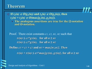 1-58
Design and Analysis of Algorithms – Unit I
Theorem
 If t1(n)  O(g1(n)) and t2(n)  O(g2(n)), then
t1(n) + t2(n)  O(max{g1(n), g2(n)}).
• The analogous assertions are true for the -notation
and -notation.
Proof. There exist constants c1, c2, n1, n2 such that
t1(n)  c1*g1(n), for all n  n1
t2(n)  c2*g2(n), for all n  n2
Define c3 = c1 + c2 and n3 = max{n1,n2}. Then
t1(n) + t2(n)  c3*max{g1(n), g2(n)}, for all n  n3
 