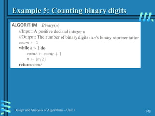 1-70
Design and Analysis of Algorithms – Unit I
Example 5: Counting binary digits
 