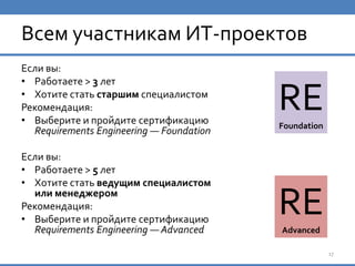 Всем участникам ИТ-проектов
Если вы:
• Работаете > 3 лет
• Хотите стать старшим специалистом
Рекомендация:
• Выберите и пройдите сертификацию
Requirements Engineering — Foundation
Если вы:
• Работаете > 5 лет
• Хотите стать ведущим специалистом
или менеджером
Рекомендация:
• Выберите и пройдите сертификацию
Requirements Engineering — Advanced
17
REFoundation
REAdvanced
 