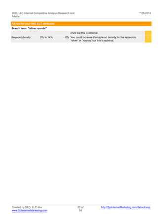 SEO, LLC Internet Competitive Analysis Research and 
Advice 
7/25/2014 
Advice for your IMG ALT attributes 
Search term: "silver rounds" 
once but this is optional. 
Keyword density: 0% to 14% 0% You could increase the keyword density for the keywords 
"silver" or "rounds" but this is optional. 
< 
Created by SEO, LLC dba 
www.SplinternetMarketing.com 
22 of 
54 
http://SplinternetMarketing.com/default.asp 
 