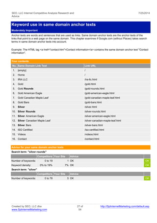 SEO, LLC Internet Competitive Analysis Research and 
Advice 
7/25/2014 
Keyword use in same domain anchor texts 
Moderately Important 
Anchor texts are words and sentences that are used as links. Same domain anchor texts are the anchor texts of the 
links that point to a web page on the same domain. This chapter examines if Google.com (without Places) takes search 
terms in same domain anchor texts into account. 
Example: The HTML tag <a href="contact.htm">Contact information</a> contains the same domain anchor text "Contact 
information". 
Your contents 
No. Same Domain Link Text Link URL 
1. [empty] / 
2. Home / 
3. IRA LLC /ira-llc.html 
4. Gold /gold.html 
5. Gold Rounds /gold-rounds.html 
6. Gold American Eagle /gold-american-eagle.html 
7. Gold Canadian Maple Leaf /gold-canadian-maple-leaf.html 
8. Gold Bars /gold-bars.html 
9. Silver /silver.html 
10. Silver Rounds /silver-rounds.html 
11. Silver American Eagle /silver-american-eagle.html 
12. Silver Canadian Maple Leaf /silver-canadian-maple-leaf.html 
13. Silver Bars /silver-bars.html 
14. ISO Certified /iso-certified.html 
15. Videos /videos.html 
16. Contact /contact.html 
Advice for your same domain anchor texts 
Search term: "silver rounds" 
Competitors Your Site Advice 
Number of keywords: 0 to 19 1 OK OK 
Keyword density: 0% to 19% 7% OK OK 
Search term: "silver" 
Competitors Your Site Advice 
Number of keywords: 0 to 78 5 OK OK 
Created by SEO, LLC dba 
www.SplinternetMarketing.com 
27 of 
54 
http://SplinternetMarketing.com/default.asp 
 