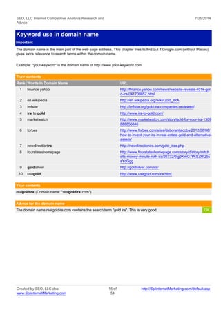 SEO, LLC Internet Competitive Analysis Research and 
Advice 
7/25/2014 
Keyword use in domain name 
Important 
The domain name is the main part of the web page address. This chapter tries to find out if Google.com (without Places) 
gives extra relevance to search terms within the domain name. 
Example: "your-keyword" is the domain name of http://www.your-keyword.com 
Their contents 
Rank Words In Domain Name URL 
1 finance yahoo http://finance.yahoo.com/news/website-reveals-401k-gol 
d-ira-041700857.html 
2 en wikipedia http://en.wikipedia.org/wiki/Gold_IRA 
3 imfsite http://imfsite.org/gold-ira-companies-reviewed/ 
4 ira to gold http://www.ira-to-gold.com/ 
5 marketwatch http://www.marketwatch.com/story/gold-for-your-ira-1309 
886856846 
6 forbes http://www.forbes.com/sites/deborahljacobs/2012/06/06/ 
how-to-invest-your-ira-in-real-estate-gold-and-alternative-assets/ 
7 newdirectionira http://newdirectionira.com/gold_iras.php 
8 fourstateshomepage http://www.fourstateshomepage.com/story/d/story/mitch 
ells-money-minute-roth-ira/26732/6tg3KmG7PkSZRQ5s 
sYdGgg 
9 goldsilver http://goldsilver.com/ira/ 
10 usagold http://www.usagold.com/ira.html 
Your contents 
realgoldira (Domain name: "realgoldira .com") 
Advice for the domain name 
The domain name realgoldira.com contains the search term "gold ira". This is very good. OK 
Created by SEO, LLC dba 
www.SplinternetMarketing.com 
15 of 
54 
http://SplinternetMarketing.com/default.asp 
 