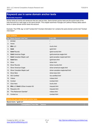 SEO, LLC Internet Competitive Analysis Research and 
Advice 
7/25/2014 
Keyword use in same domain anchor texts 
Moderately Important 
Anchor texts are words and sentences that are used as links. Same domain anchor texts are the anchor texts of the 
links that point to a web page on the same domain. This chapter examines if Google.com (without Places) takes search 
terms in same domain anchor texts into account. 
Example: The HTML tag <a href="contact.htm">Contact information</a> contains the same domain anchor text "Contact 
information". 
Your contents 
No. Same Domain Link Text Link URL 
1. [empty] / 
2. Home / 
3. IRA LLC /ira-llc.html 
4. Gold /gold.html 
5. Gold Rounds /gold-rounds.html 
6. Gold American Eagle /gold-american-eagle.html 
7. Gold Canadian Maple Leaf /gold-canadian-maple-leaf.html 
8. Gold Bars /gold-bars.html 
9. Silver /silver.html 
10. Silver Rounds /silver-rounds.html 
11. Silver American Eagle /silver-american-eagle.html 
12. Silver Canadian Maple Leaf /silver-canadian-maple-leaf.html 
13. Silver Bars /silver-bars.html 
14. ISO Certified /iso-certified.html 
15. Videos /videos.html 
16. Contact /contact.html 
17. Click Here /ira-llc.html 
18. IRA-LLC Gold & Silver Investor Kit /request.html 
19. Request a Kit /request.html 
20. "The Retirement Gamble" /videos.html 
21. Contact us /contact.html 
Advice for your same domain anchor texts 
Search term: "gold ira" 
Competitors Your Site Advice 
Created by SEO, LLC dba 
www.SplinternetMarketing.com 
27 of 
54 
http://SplinternetMarketing.com/default.asp 
 