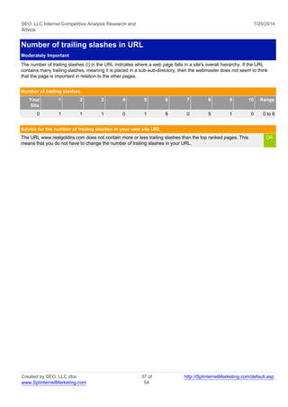 SEO, LLC Internet Competitive Analysis Research and 
Advice 
7/25/2014 
Number of trailing slashes in URL 
Moderately Important 
The number of trailing slashes (/) in the URL indicates where a web page falls in a site's overall hierarchy. If the URL 
contains many trailing slashes, meaning it is placed in a sub-sub-directory, then the webmaster does not seem to think 
that the page is important in relation to the other pages. 
Number of trailing slashes 
Your 
Site 
1 2 3 4 5 6 7 8 9 10 Range 
0 1 1 1 0 1 6 0 5 1 0 0 to 6 
Advice for the number of trailing slashes in your web site URL 
The URL www.realgoldira.com does not contain more or less trailing slashes than the top ranked pages. This 
means that you do not have to change the number of trailing slashes in your URL. 
OK 
Created by SEO, LLC dba 
www.SplinternetMarketing.com 
37 of 
54 
http://SplinternetMarketing.com/default.asp 
 