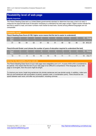 SEO, LLC Internet Competitive Analysis Research and 
Advice 
7/25/2014 
Readability level of web page 
Slightly Important 
The Flesch Reading Ease test is a United States governmental standard to determine how easy a text is to read. It 
measures the approximate level of education necessary to understand the web page content. Higher scores indicate the 
text that is easier to read, and lower numbers mark harder-to-read texts. Scores among different languages are not 
comparable. 
Readability results 
Flesch Reading Ease Score (0-100, higher score means that the text is easier to understand) 
Your 
Site 
1 2 3 4 5 6 7 8 9 10 Range 
41 50 54 52 61 52 51 48 52 48 54 48 to 61 
Flesch-Kincaid Grade Level (shows the number of years of education required to understand the text) 
Your 
Site 
1 2 3 4 5 6 7 8 9 10 Range 
13 11 8 10 10 10 10 11 11 11 10 8 to 11 
Advice for the readability of your web site 
The Flesch Reading Ease Score of your web page www.realgoldira.com is 41. A score of 60 to 80 is considered to 
be optimal. This means that the text of your web page is too difficult to comprehend. If the language of your web 
page is not English, then the score might be alright. 
To improve your score, break long sentences into shorter sentences and use shorter words. In addition, make sure 
that you end sentences with punctuation (a period, question mark, or exclamation point). There should be one 
space between each word, and after any punctuation, including commas. 
<< 
Created by SEO, LLC dba 
www.SplinternetMarketing.com 
39 of 
54 
http://SplinternetMarketing.com/default.asp 
 