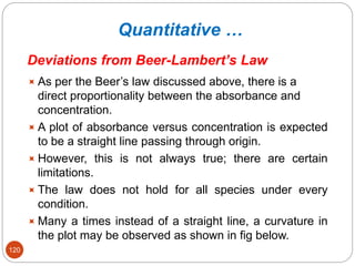 Quantitative …
Deviations from Beer-Lambert’s Law
 As per the Beer’s law discussed above, there is a
direct proportionality between the absorbance and
concentration.
 A plot of absorbance versus concentration is expected
to be a straight line passing through origin.
 However, this is not always true; there are certain
limitations.
 The law does not hold for all species under every
condition.
 Many a times instead of a straight line, a curvature in
the plot may be observed as shown in fig below.
120
 