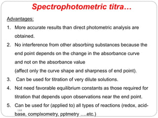 Spectrophotometric titra…
Advantages:
1. More accurate results than direct photometric analysis are
obtained.
2. No interference from other absorbing substances because the
end point depends on the change in the absorbance curve
and not on the absorbance value
(affect only the curve shape and sharpness of end point).
3. Can be used for titration of very dilute solutions.
4. Not need favorable equilibrium constants as those required for
titration that depends upon observations near the end point.
5. Can be used for (applied to) all types of reactions (redox, acid-
base, complxometry, pptmetry ….etc.)
144
 