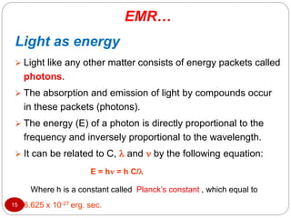 EMR…
15
Light as energy
 Light like any other matter consists of energy packets called
photons.
 The absorption and emission of light by compounds occur
in these packets (photons).
 The energy (E) of a photon is directly proportional to the
frequency and inversely proportional to the wavelength.
 It can be related to C,  and  by the following equation:
E = h = h C/
Where h is a constant called Planck’s constant , which equal to
6.625 x 10-27 erg. sec.
 