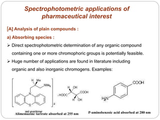 [A] Analysis of plain compounds :
a) Absorbing species :
 Direct spectrophotometric determination of any organic compound
containing one or more chromophoric groups is potentially feasible.
 Huge number of applications are found in literature including
organic and also inorganic chromogens. Examples:
Spectrophotometric applications of
pharmaceutical interest
Alimemazine tartrate absorbed at 255 nm P-aminobenzoic acid absorbed at 280 nm
1
6
1
 
