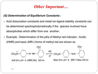 (G) Determination of Equilibrium Constants :
 Acid dissociation constants and metal ion-ligand stability constants can
be determined spectrophotometrically if the species involved have
absorptivities which differ from one another.
 Example : Determination of the pKa of Methyl red indicator ; Acidic
(HMR) and basic (MR-) forms of methyl red are shown as
CO2-
(CH3)2N N NH
+
CO2-
(CH3)2N N=N
HO-
H+
Acid form, pH = 4, (HMR) Red, 520 nm Basic form, pH = 6, (MR-) Yellow 430 nm
172
Other Important…
 