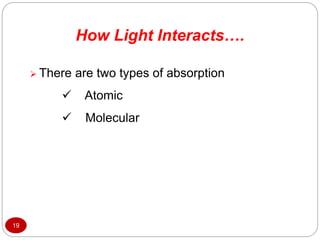 How Light Interacts….
 There are two types of absorption
 Atomic
 Molecular
19
 