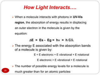 How Light Interacts….
25
 When a molecule interacts with photons in UV-Vis
region, the absorption of energy results in displacing
an outer electron in the molecule is given by the
equation:
E = Es - Eg = h = h C/
 The energy E associated with the absorption bands
of a molecule is given by:
E = E electronic + E vibrational + E rotational
E electronic > E vibrational > E rotational
 The number of possible energy levels for a molecule is
much greater than for an atomic particles
 