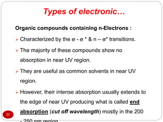 Types of electronic…
37
Organic compounds containing n-Electrons :
 Characterized by the  -  * & n – * transitions.
 The majority of these compounds show no
absorption in near UV region.
 They are useful as common solvents in near UV
region.
 However, their intense absorption usually extends to
the edge of near UV producing what is called end
absorption (cut off wavelength) mostly in the 200
 