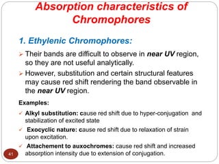 Absorption characteristics of
Chromophores
41
1. Ethylenic Chromophores:
 Their bands are difficult to observe in near UV region,
so they are not useful analytically.
 However, substitution and certain structural features
may cause red shift rendering the band observable in
the near UV region.
Examples:
 Alkyl substitution: cause red shift due to hyper-conjugation and
stabilization of excited state
 Exocyclic nature: cause red shift due to relaxation of strain
upon excitation.
 Attachement to auxochromes: cause red shift and increased
absorption intensity due to extension of conjugation.
 
