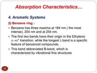 Absorption Characteristics…
44
4. Aromatic Systems
(I) Benzene ring :
 Benzene has three maxima at 184 nm ( the most
intense), 204 nm and at 254 nm.
 The first two bands have their origin in the Ethylenic
* transition, while the longest λ band is a specific
feature of benzenoid compounds.
 This band abbreviated B-band, which is
characterized by vibrational fine structures
 