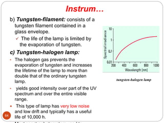 Instrum…
b) Tungsten-filament: consists of a
tungsten filament contained in a
glass envelope.
 The life of the lamp is limited by
the evaporation of tungsten.
c) Tungsten-halogen lamp:
• The halogen gas prevents the
evaporation of tungsten and increases
the lifetime of the lamp to more than
double that of the ordinary tungsten
lamp.
• yields good intensity over part of the UV
spectrum and over the entire visible
range.
 This type of lamp has very low noise
and low drift and typically has a useful
life of 10,000 h.
64
tungsten-halogen lamp
 
