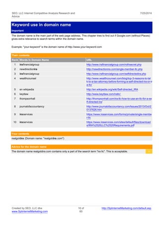 SEO, LLC Internet Competitive Analysis Research and 
Advice 
7/25/2014 
Keyword use in domain name 
Important 
The domain name is the main part of the web page address. This chapter tries to find out if Google.com (without Places) 
gives extra relevance to search terms within the domain name. 
Example: "your-keyword" is the domain name of http://www.your-keyword.com 
Their contents 
Rank Words In Domain Name URL 
1 irafinancialgroup http://www.irafinancialgroup.com/rothsecret.php 
2 newdirectionira http://newdirectionira.com/single-member-llc.php 
3 irafinancialgroup http://www.irafinancialgroup.com/selfdirectedira.php 
4 wealthcounsel http://www.wealthcounsel.com/blog/top-3-reasons-to-tal 
k-to-a-tax-attorney-before-forming-a-self-directed-ira-or-ir 
a-llc/ 
5 en wikipedia http://en.wikipedia.org/wiki/Self-directed_IRA 
6 keytlaw http://www.keytlaw.com/irallc/ 
7 thompsonhall http://thompsonhall.com/ira-llc-how-to-use-an-llc-for-a-se 
lf-directed-ira/ 
8 journalofaccountancy http://www.journalofaccountancy.com/Issues/2013/Oct/2 
0137626.htm 
9 iraservices https://www.iraservices.com/forms/private/single-membe 
r-llc 
10 iraservices https://www.iraservices.com/sites/default/files/download 
s/IRA%2520LLC%2520Requirements.pdf 
Your contents 
realgoldira (Domain name: "realgoldira.com") 
Advice for the domain name 
The domain name realgoldira.com contains only a part of the search term "ira llc". This is acceptable. < 
Created by SEO, LLC dba 
www.SplinternetMarketing.com 
16 of 
60 
http://SplinternetMarketing.com/default.asp 
 