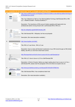 SEO, LLC Internet Competitive Analysis Research and 
Advice 
7/25/2014 
Your competitors for the search term "ira llc" on Google.com (without Places) 
4 http://www.wealthcounsel.com/blog/top-3-reasons-to-talk-to-a-tax-attorney-before-forming-a-s 
elf-directed-ira-or-ira-llc/ 
Title: Top 3 Reasons to Talk to a Tax Attorney Before Forming a Self-Directed IRA or IRA 
LLC - WealthCounsel® - Practice Excellence.™ 
Description: The importance of IRA account holders speaking with legal and/or tax 
professionals before moving forward with a self-directed IRA or IRA LLC. 
5 http://en.wikipedia.org/wiki/Self-directed_IRA 
Title: Self-directed IRA - Wikipedia, the free encyclopedia 
Description: [No meta description available.] 
6 http://www.keytlaw.com/irallc/ 
Title: IRA LLC Law Home - IRA LLC Law 
Description: How to make self-directed investments of your IRA funds through an IRA limited 
liability, aka IRA LLC and have check-book control. 
7 http://thompsonhall.com/ira-llc-how-to-use-an-llc-for-a-self-directed-ira/ 
Title: IRA LLC: How to Use an LLC for a Self-Directed IRA 
Description: A Word of Caution: Before you begin reading about how to use an LLC for a 
self-directed IRA, please read the paragraph at the end where we explain why we 
8 http://www.journalofaccountancy.com/Issues/2013/Oct/20137626.htm 
Title: Self-directed IRAs: A tax compliance black hole 
Description: [No meta description available.] 
Created by SEO, LLC dba 
www.SplinternetMarketing.com 
3 of 
60 
http://SplinternetMarketing.com/default.asp 
 