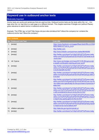 SEO, LLC Internet Competitive Analysis Research and 
Advice 
7/25/2014 
Keyword use in outbound anchor texts 
Moderately Important 
Anchor texts are words and sentences that are used as links. Outbound anchor texts are the texts within the <a>...</a> 
tags when the <a> tag links to a web page on a different domain. This chapter examines if Google.com (without Places) 
gives relevance to search terms in outbound anchor texts. 
Example: The HTML tag <a href="http://www.not-your-site.com/about.htm">About the company</a> contains the 
outbound anchor text "About the company". 
Your contents 
No. Outbound Link Text Link URL 
1. [empty] https://www.facebook.com/pages/Real-Gold-IRA-LLC/545 
895518848147?ref=tn_tnmn 
2. [empty] http://twitter.com 
3. [empty] http://www.linkedin.com/pub/marc-kallas/96/436/80 
4. [empty] http://twitter.com/share?url=http%3A%2F%2Fwww.realg 
oldira.com%2F2%2Fpost%2F2014%2F07%2Fwhat-is-an 
-ira-llc.html 
5. ref. Cyprus http://www.zerohedge.com/news/2013-09-26/cyprus-styl 
e-wealth-confiscation-starting-all-over-world 
6. [empty] http://twitter.com/share?url=http%3A%2F%2Fwww.realg 
oldira.com%2F2%2Fpost%2F2014%2F06%2Fhow-can-a 
n-ira-llc-benefit-me.html 
7. [empty] http://twitter.com/share?url=http%3A%2F%2Fwww.realg 
oldira.com%2F2%2Fpost%2F2014%2F06%2Fjuly-04th-2 
014.html 
8. [empty] http://twitter.com/share?url=http%3A%2F%2Fwww.realg 
oldira.com%2F2%2Fpost%2F2014%2F06%2Fcan-my-ira 
-be-rolled-over-specifically-for-the-purchase-of-precious-m 
etals.html 
9. [empty] http://twitter.com/share?url=http%3A%2F%2Fwww.realg 
oldira.com%2F2%2Fpost%2F2014%2F05%2Fis-the-ira-ll 
c-still-considered-to-be-an-ira-by-the-irs.html 
10. [empty] http://twitter.com/share?url=http%3A%2F%2Fwww.realg 
oldira.com%2F2%2Fpost%2F2014%2F05%2Fdo-i-have-t 
o-report-any-yearly-gains-to-the-irs.html 
11. [empty] http://twitter.com/share?url=http%3A%2F%2Fwww.realg 
oldira.com%2F2%2Fpost%2F2014%2F05%2Fwhy-haven 
t-i-heard-of-an-ira-llc-before.html 
12. inflation calculator http://data.bls.gov/cgi-bin/cpicalc.pl 
13. [empty] http://twitter.com/share?url=http%3A%2F%2Fwww.realg 
Created by SEO, LLC dba 
www.SplinternetMarketing.com 
32 of 
60 
http://SplinternetMarketing.com/default.asp 
 