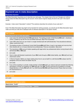 SEO, LLC Internet Competitive Analysis Research and 
Advice 
7/25/2014 
Keyword use in meta description 
Moderately Important 
The Meta Description tag allows you to describe your web page. This chapter tries to find out if Google.com (without 
Places) takes the Meta Description tag into account. Some search engines display the text to the user in the search 
results. 
Example: <meta name="description" content="This sentence describes the contents of your web site."> 
Even if the Meta Description tag might not be important for ranking purposes, you should use the Meta Description tag to 
make sure that your web site is displayed with an attractive description in the search results. 
Their contents 
Rank Keyword use in meta description 
1 Learn about the Self Directed Roth IRA LLC Secret. The leading provider of Self Directed IRA LLC - checkbook 
control. Created by top law firm tax and ERISA attorneys. Best Price Guarantee! 
2 Learn (IRS rules) how you can invest in a single member LLC with self-directed ira. Free educational webinars, 
videos, events and more 
3 The leading provider of Checkbook Control Self Directed IRA LLC Plans. Invest in real estate and more tax free! 
Work directly with our in-house retirement tax professionals. Free tax consultation. Best price! 
4 The importance of IRA account holders speaking with legal and/or tax professionals before moving forward with a 
self-directed IRA or IRA LLC. 
5 [not used] 
6 How to make self-directed investments of your IRA funds through an IRA limited liability, aka IRA LLC and have 
check-book control. 
7 A Word of Caution: Before you begin reading about how to use an LLC for a self-directed IRA, please read the 
paragraph at the end where we explain why we 
8 [not used] 
9 If you will be investing in a private, single-member or family IRA LLC, you need to read and complete the following 
documents: A Primer on Investing in an IRA LLC with Your IRA The Do’s and Don’ts of Investing in a Private, 
Single-Member or Family IRA LLC with Your Self-Directed IRA IRA LLC Requirements Please read and review 
the requirements for e 
10 [not used] 
Your contents 
[not used] 
Advice for your meta description 
Search term: "ira llc" 
Competitors Your Site Advice 
Created by SEO, LLC dba 
www.SplinternetMarketing.com 
41 of 
60 
http://SplinternetMarketing.com/default.asp 
 
