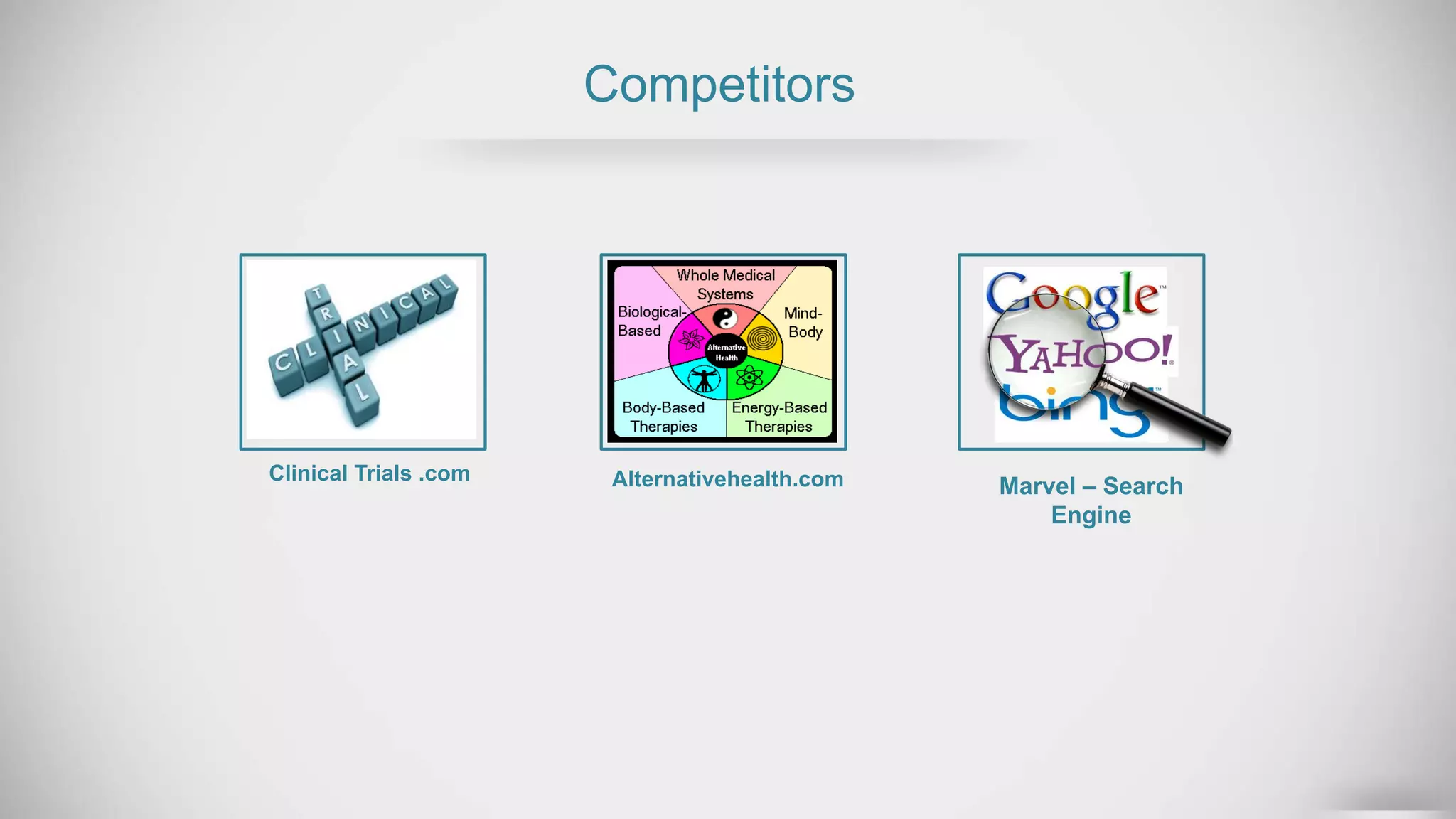 Competitors
Clinical Trials .com Alternativehealth.com Marvel – Search
Engine
 