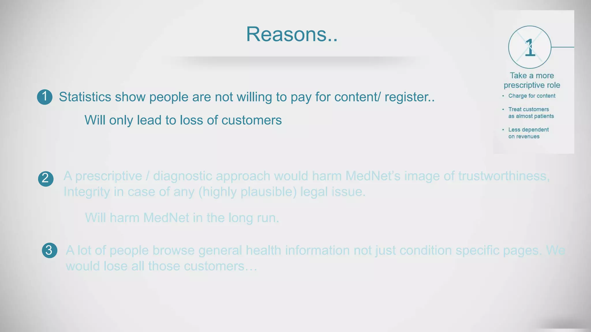 Reasons..
Statistics show people are not willing to pay for content/ register..1
2
3
Will only lead to loss of customers
A prescriptive / diagnostic approach would harm MedNet’s image of trustworthiness,
Integrity in case of any (highly plausible) legal issue.
Will harm MedNet in the long run.
A lot of people browse general health information not just condition specific pages. We
would lose all those customers…
 