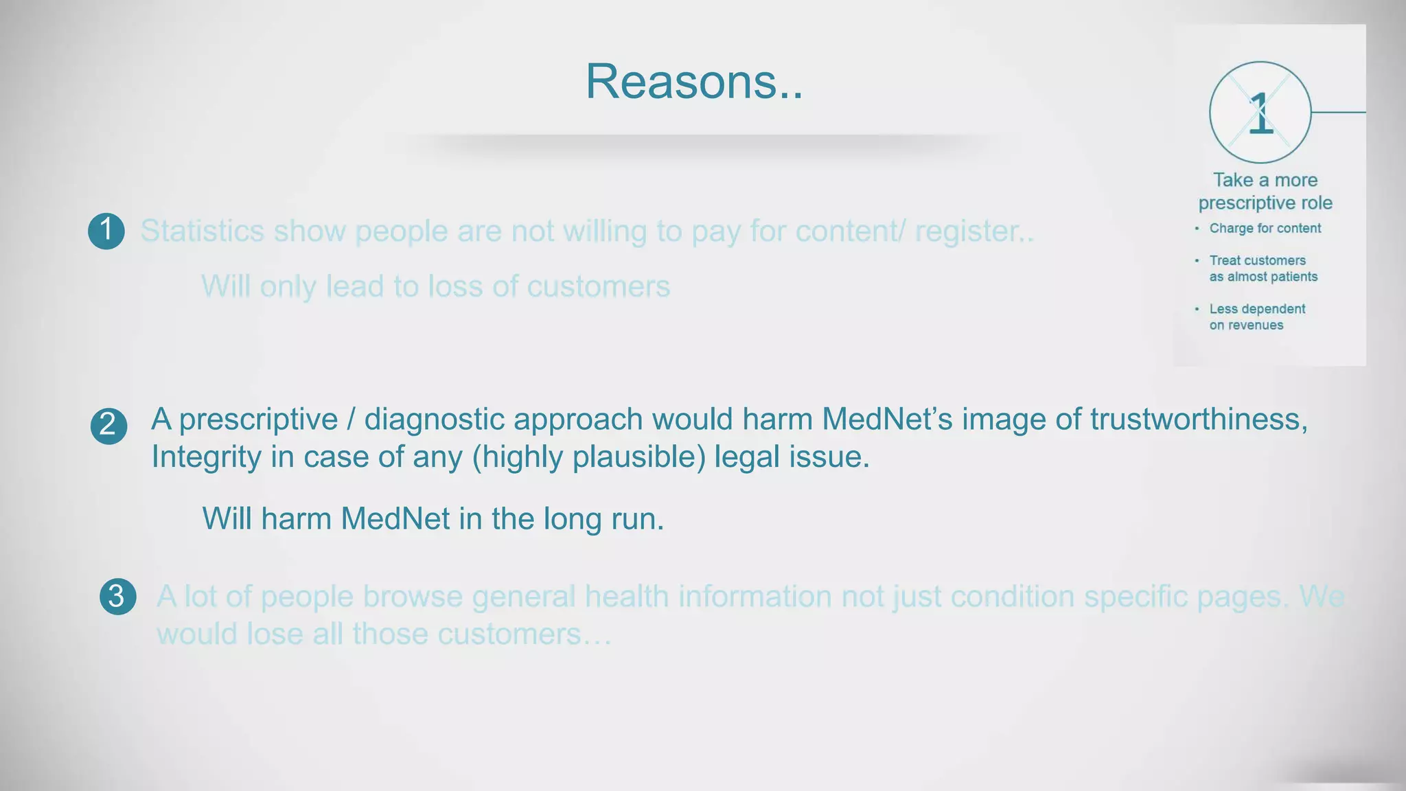 Reasons..
Statistics show people are not willing to pay for content/ register..
A prescriptive / diagnostic approach would harm MedNet’s image of trustworthiness,
Integrity in case of any (highly plausible) legal issue.
1
2
3
Will only lead to loss of customers
Will harm MedNet in the long run.
A lot of people browse general health information not just condition specific pages. We
would lose all those customers…
 