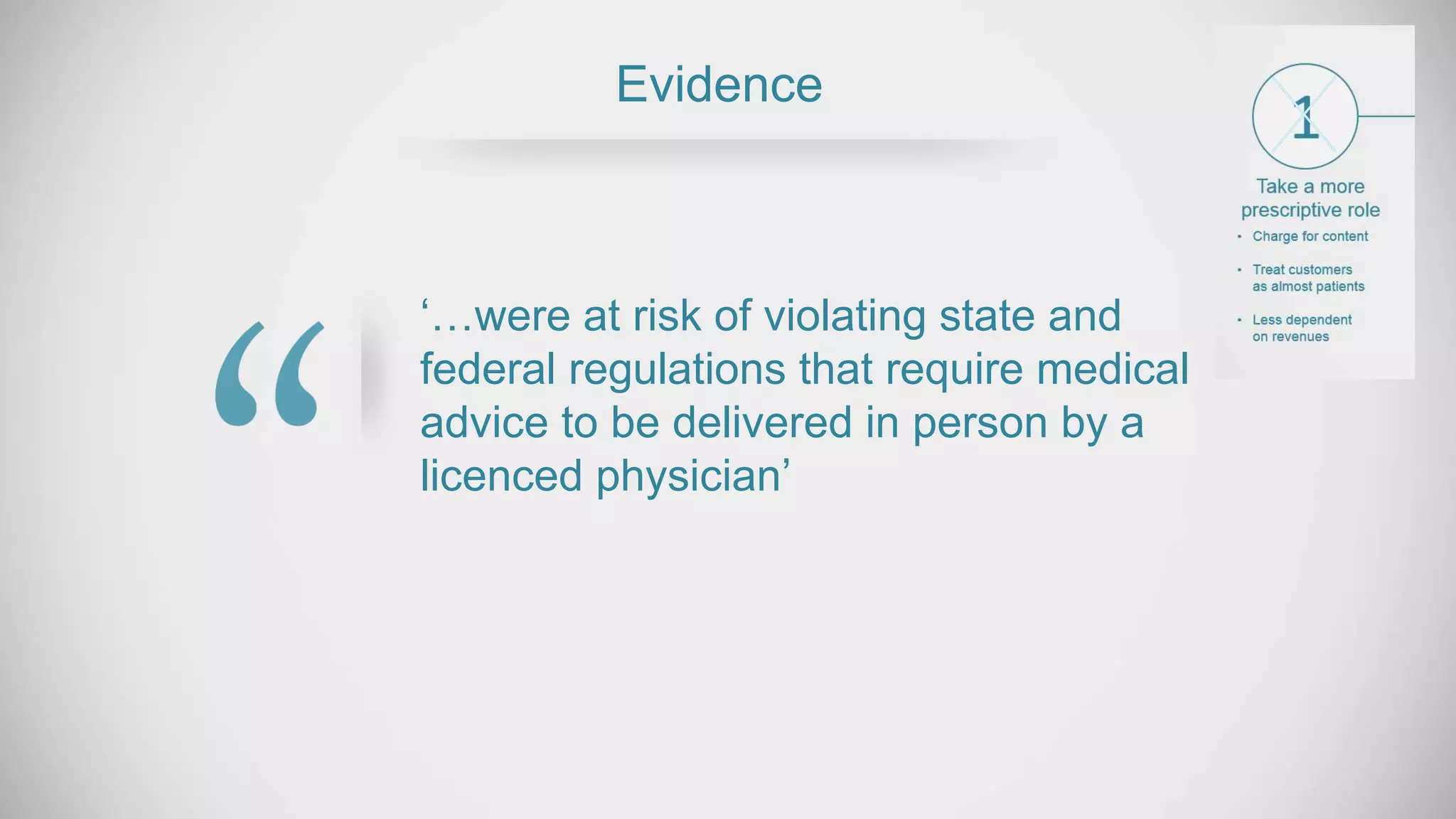 ‘…were at risk of violating state and
federal regulations that require medical
advice to be delivered in person by a
licenced physician’
Evidence
 