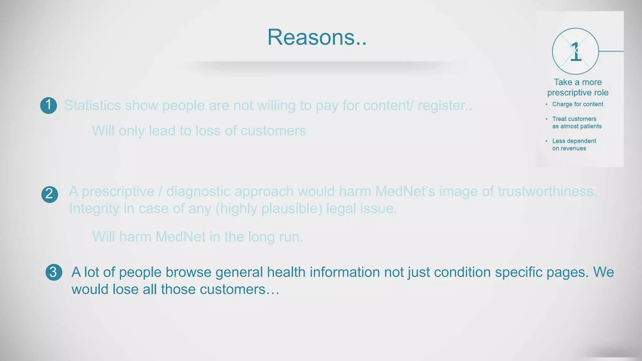 Reasons..
Statistics show people are not willing to pay for content/ register..
A prescriptive / diagnostic approach would harm MedNet’s image of trustworthiness,
Integrity in case of any (highly plausible) legal issue.
1
2
3
Will only lead to loss of customers
Will harm MedNet in the long run.
A lot of people browse general health information not just condition specific pages. We
would lose all those customers…
 