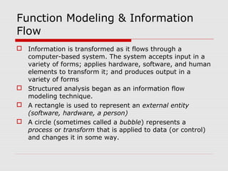 Function Modeling & Information
Flow
 Information is transformed as it flows through a
computer-based system. The system accepts input in a
variety of forms; applies hardware, software, and human
elements to transform it; and produces output in a
variety of forms
 Structured analysis began as an information flow
modeling technique.
 A rectangle is used to represent an external entity
(software, hardware, a person)
 A circle (sometimes called a bubble) represents a
process or transform that is applied to data (or control)
and changes it in some way.
 