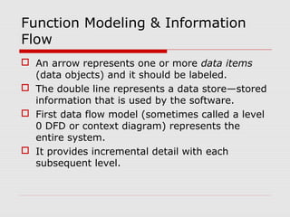  An arrow represents one or more data items
(data objects) and it should be labeled.
 The double line represents a data store—stored
information that is used by the software.
 First data flow model (sometimes called a level
0 DFD or context diagram) represents the
entire system.
 It provides incremental detail with each
subsequent level.
Function Modeling & Information
Flow
 